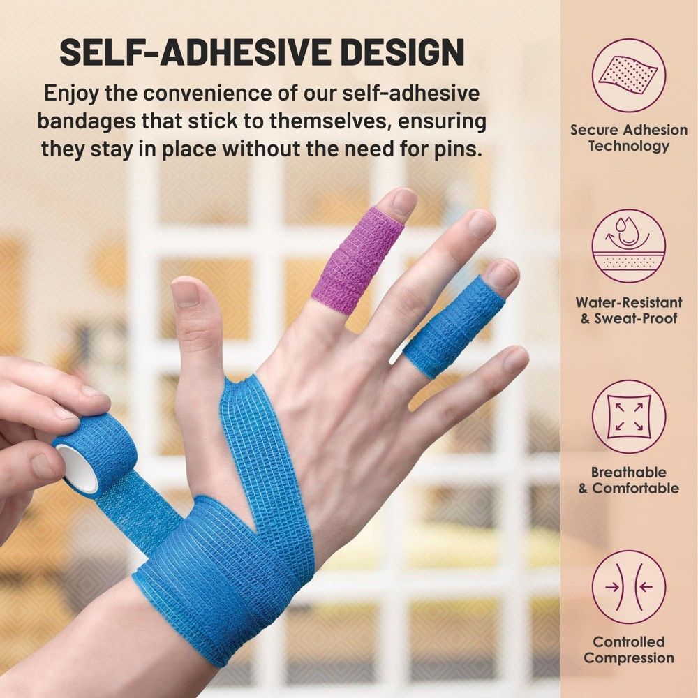 Self-Adherent Cohesive Bandage Wrap for Compression and Support | Latex-Free, Breathable, Non-Slip, Easy Tear Roll